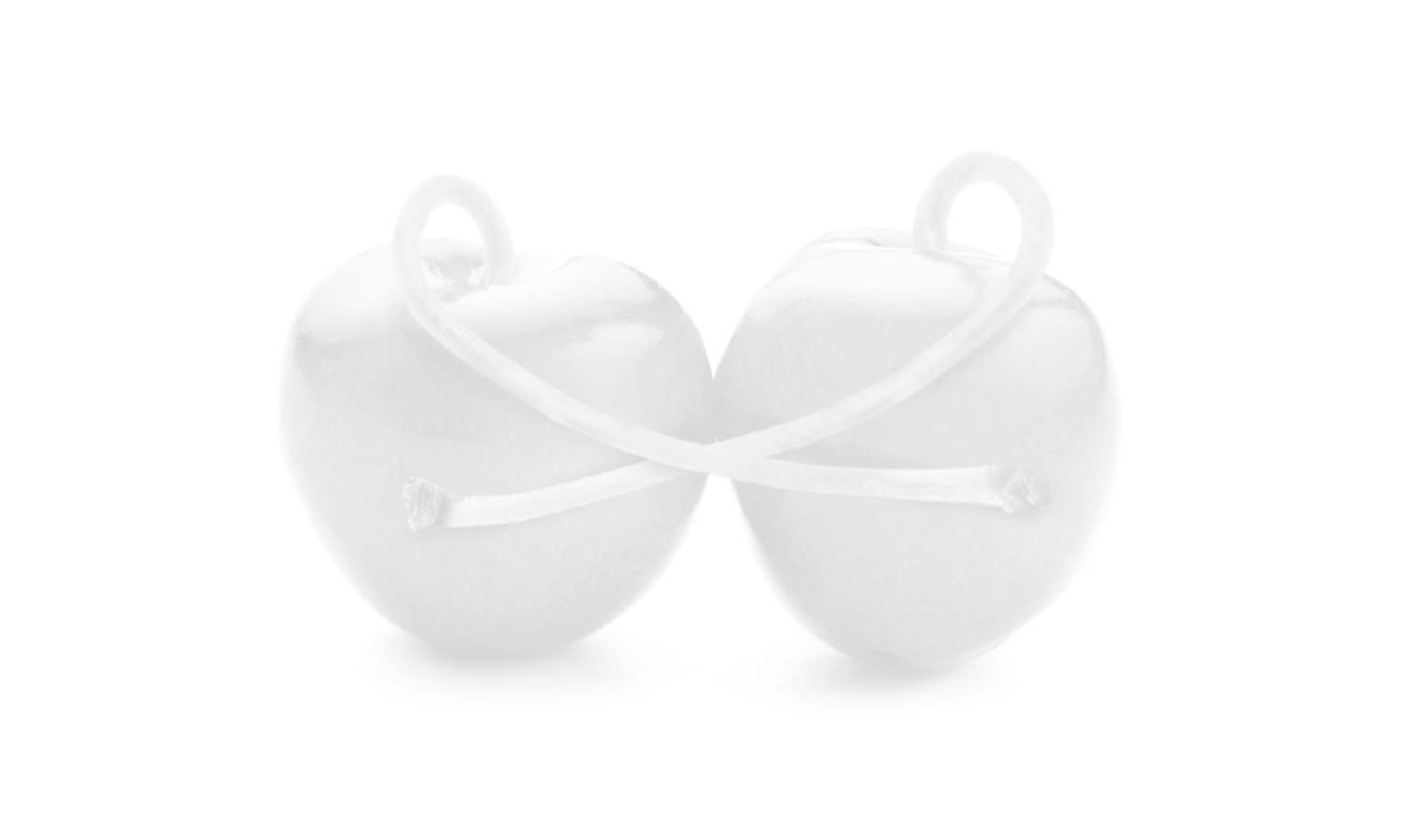 two cherries with their stems wrapped around each other, as though hugging / supporting