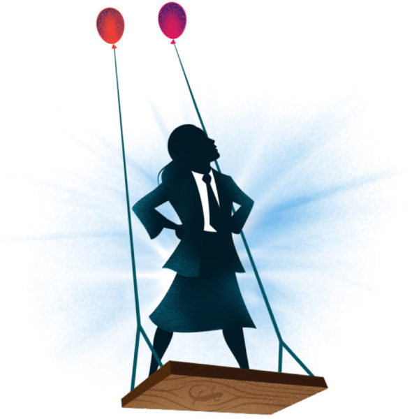 cartoon of woman in business attire standing on swing being held up by balloons